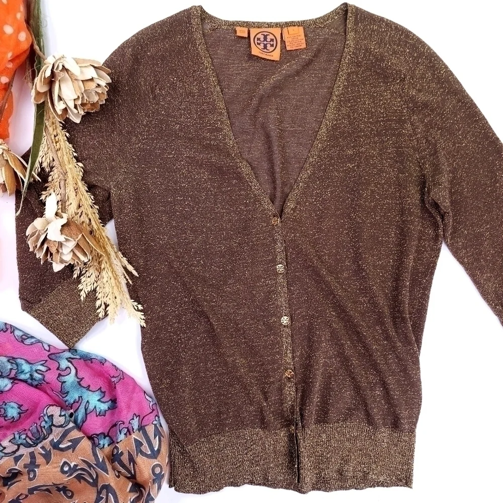 Tory Burch Brown Gold Shimmer Thin Sweater Sz S - Picture 12 of 13